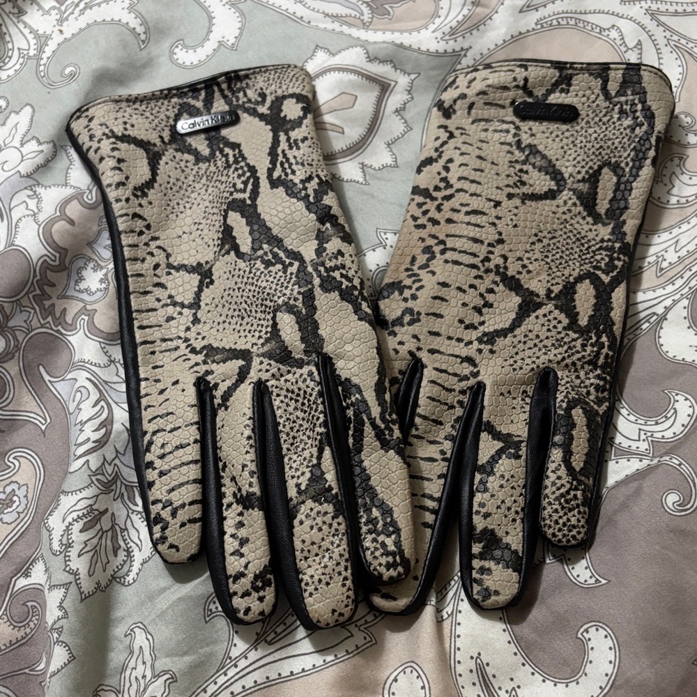 Calvin Klein Beige and Black Snake Print Gloves
